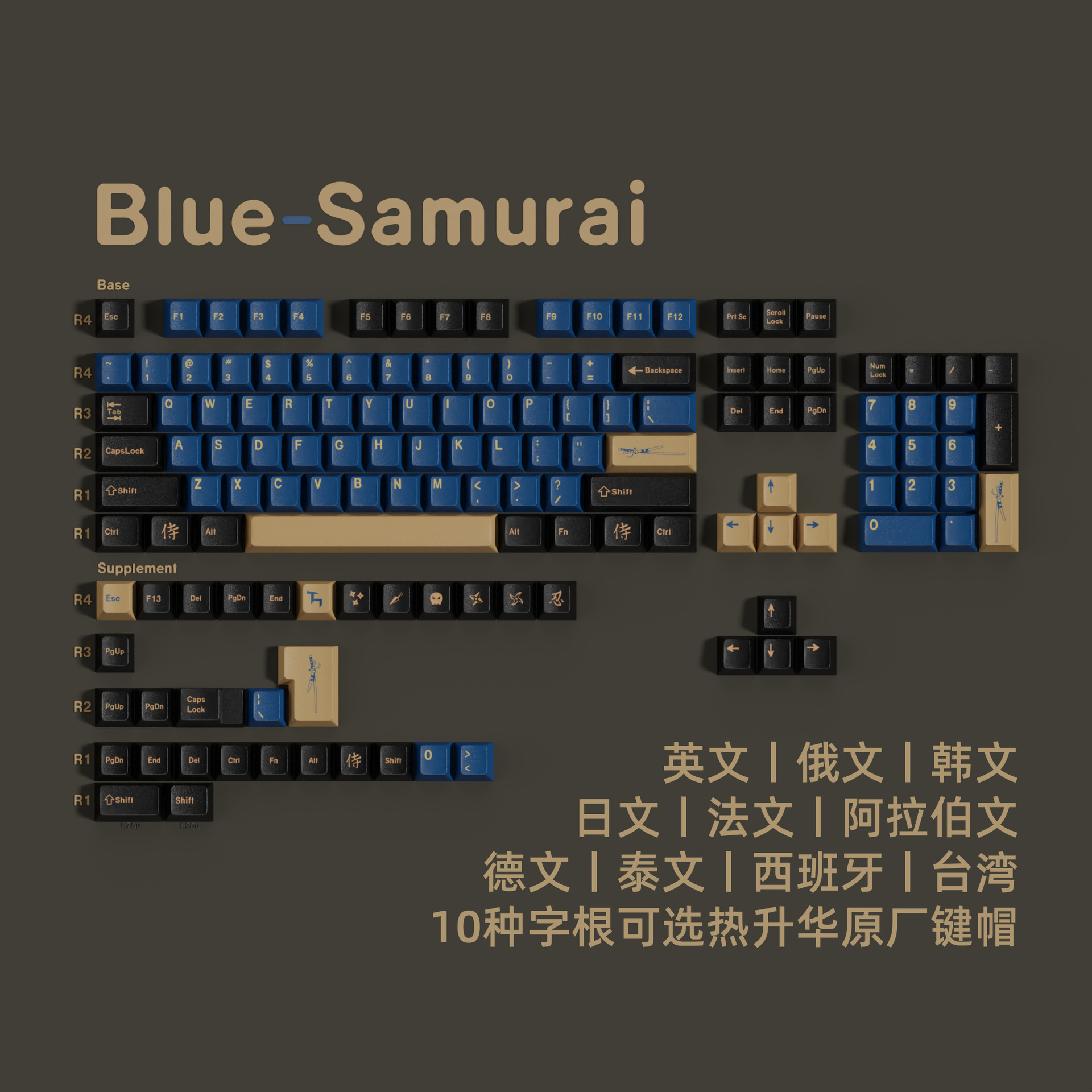 Original Blue Samurai PBT Thermal Sublimation Keycap Cangjie Arabic Korean German French Cangjie Russian Small Language
