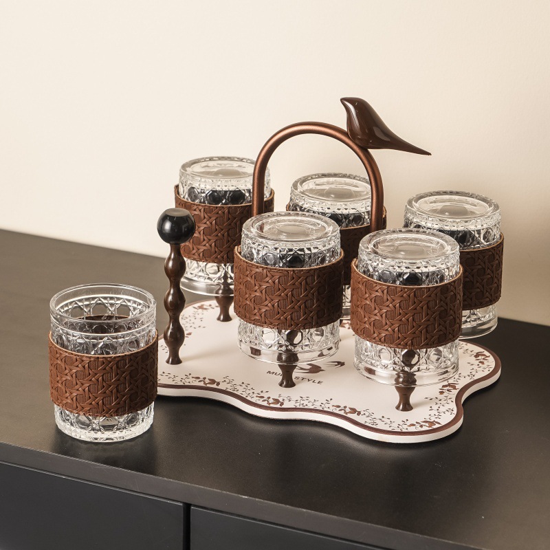 Mountain Sparrow Glass Cup Set, Maillard Retro Glass Cup with Cup Holder, Household Anti-Scald Tea Cup, High-Value Gift Cup