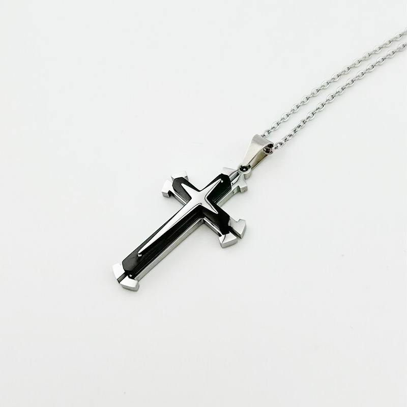 European And American Trendy Men's Three-layer Cross Pendant Stainless Steel Necklace, Popular Pendant, Cross-border_voghion.com