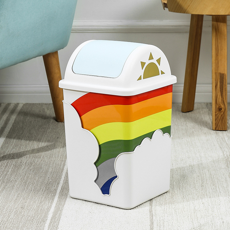 Children's Room Rainbow Trash Can with Swing Lid, Household Cartoon Wastebasket, Bedroom Garbage Storage Bin with Lid, Recyclable