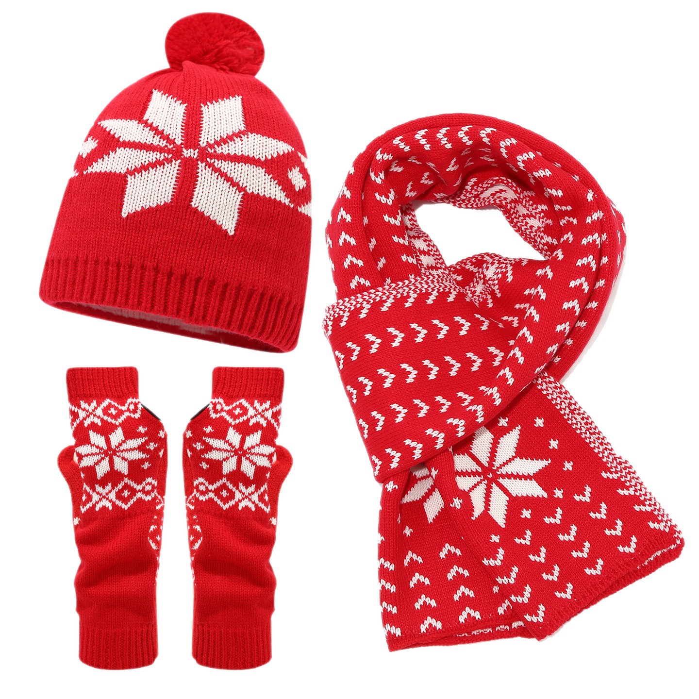 Calentamiento de tres piezas para mujeres y hombres de invierno de Navidad tormenta de nieve patrón de tejer sombrero bufandas guantes de frío moda