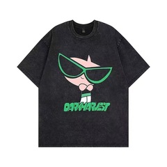 アメリカのアニメの水洗い半袖tシャツ2024新型カップル高街潮男街頭潮牌は古いゆるい半袖を作る