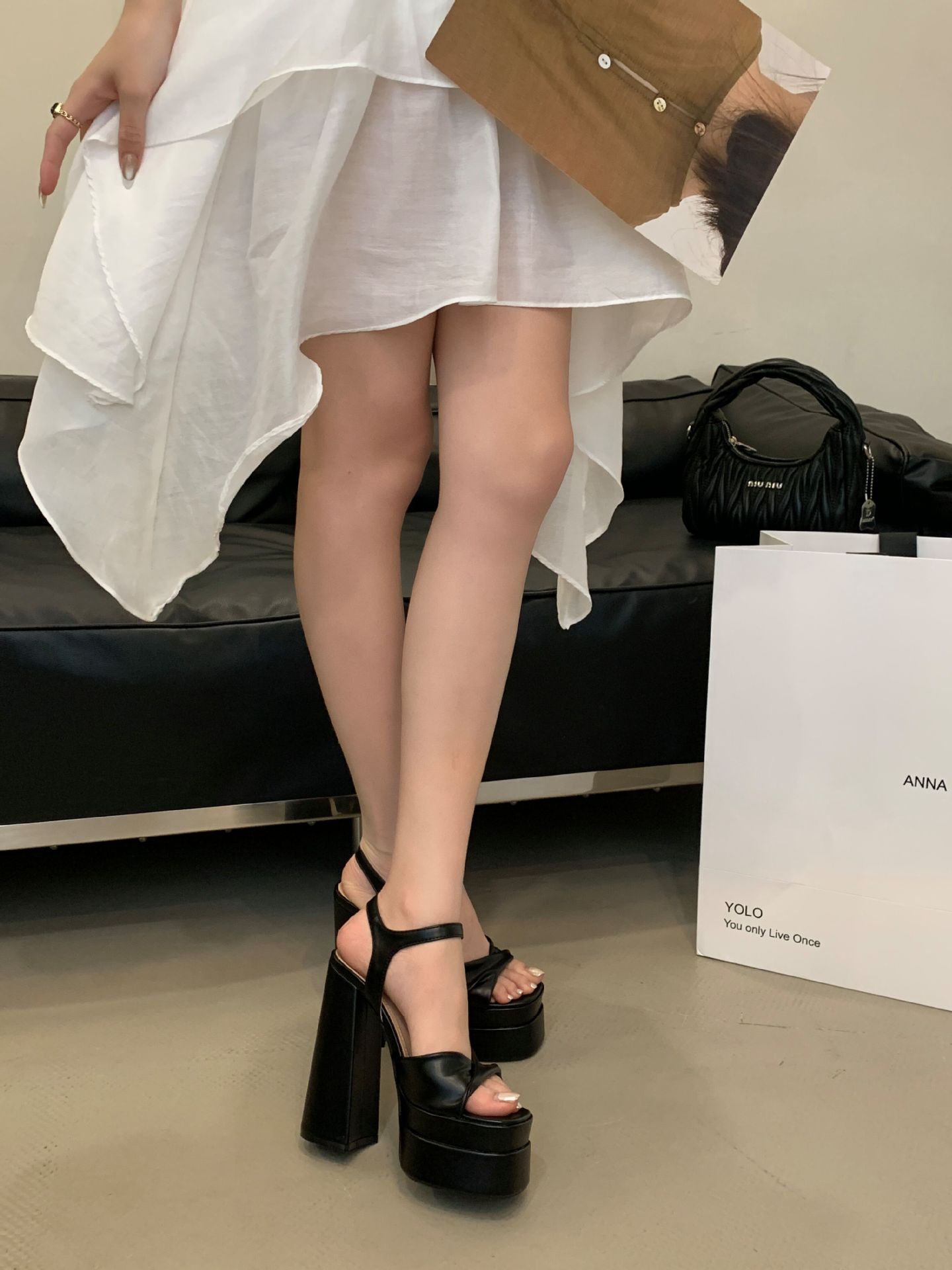 Sandal cao gót nữ quai ngang mũi vuông đế dày chống nước, gót siêu cao 9 cm — Màu đen chi tiết 10