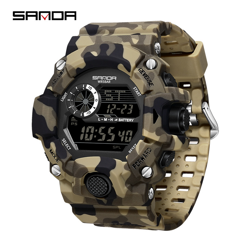 SANDA Camuflaje reloj electrónico de montaña deportivo al aire libre impermeable multifuncional reloj de negocios para hombres 2183