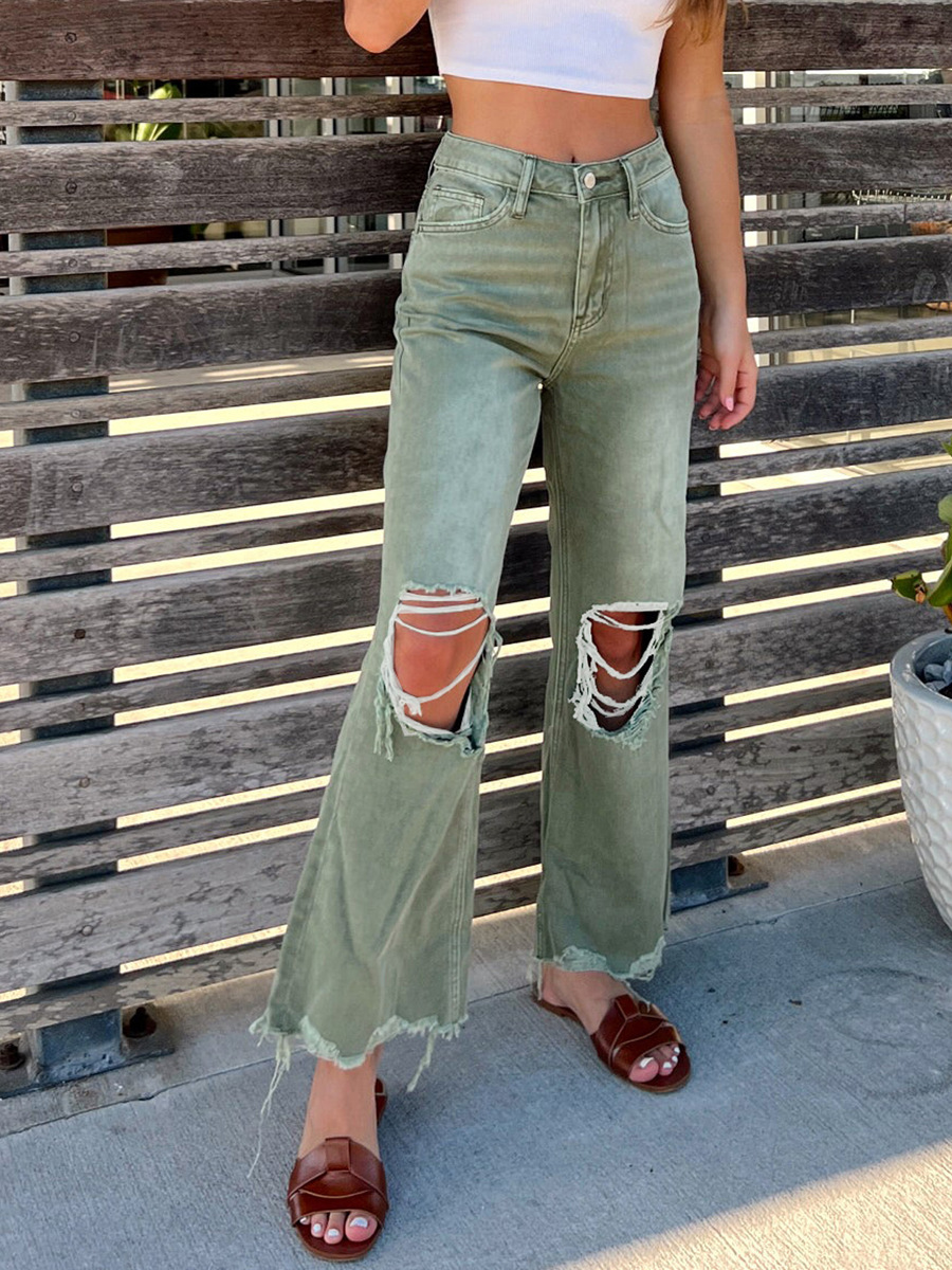 Jeans Anchos con Roturas para Mujer de Mezclilla de Algodón Corte Holgado Tiro Alto para Uso Diario