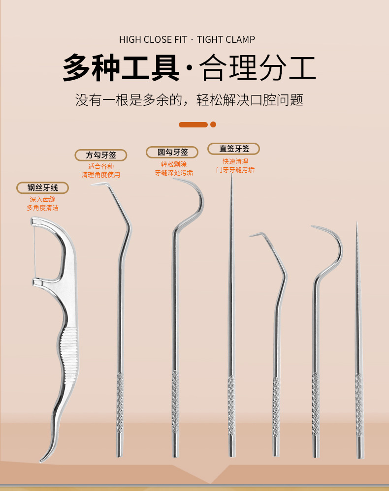 跨境不锈钢牙签清洁套装牙线金属剔牙便携收纳筒口腔牙齿工具齿间