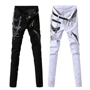 Spring and Autumn Stretch Jeans Men's Slim-fit Skinny Black and White Casual Skinny Pants Non-mainstream Korean-style Trendy