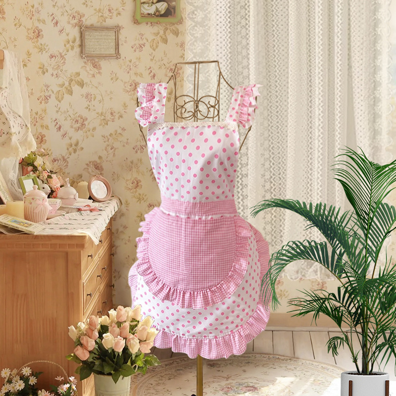 新しい甘いピンクの小さなシェフエプロンセット女の子防汚エプロンピンク水玉模様ケータリング作業エプロン|undefined