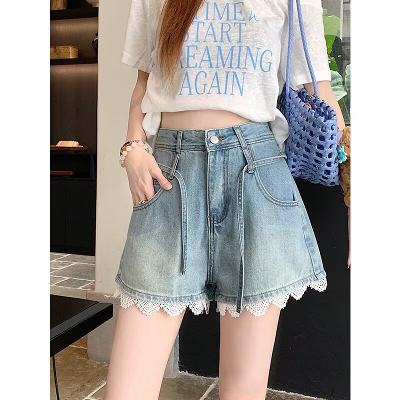 Lace Fashion High-Waisted Denim Shorts Summer Brandless New Versatile Trendy Style Lace Fashion High-Waisted Denim Shorts Summer Brandless New Versatile Trendy Style