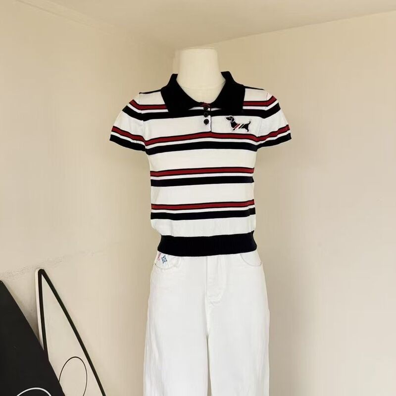 2026 Summer New Dog Embroidery Knitted Polo Shirt with Color-Block Stripes Short Sleeve Knit Top for Women 2026 Summer New Dog Embroidery Knitted Polo Shirt with Color-Block Stripes Short Sleeve Knit Top for Women