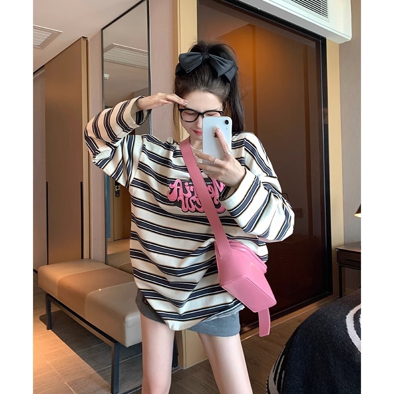 0693#条纹双纱230G卫衣2025秋季新款薄款圆领长袖t恤上衣韩版女装|undefined