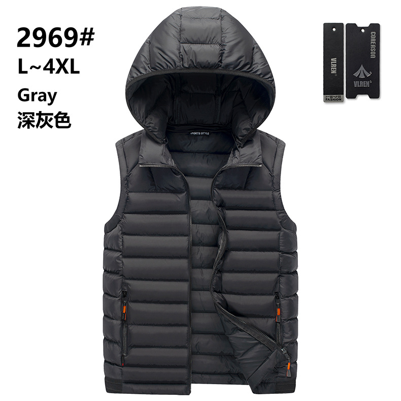 Otoño e Invierno de color sólido costilla de algodón acolchado abrigo de los hombres chaleco delgado con capucha casual cuello desmontable en stock bolsillo de costura lateral