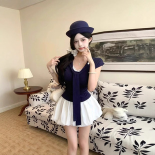 韓系海軍領短袖針織衫女夏季蕾絲拼接修身上衣配蓬蓬花苞裙褲套裝