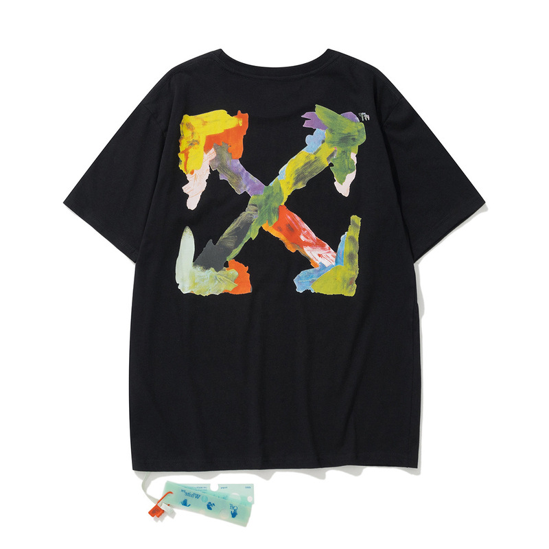 卸売オフ半袖owファッションブランド溶解矢印グラデーション星空スプラッシュインクTシャツ3Dプリント警告線カップル着用|undefined