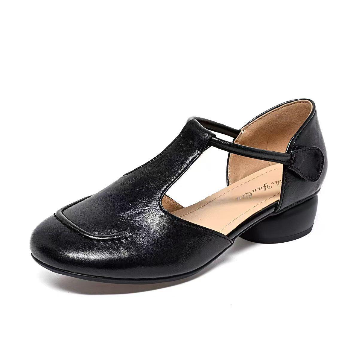 Sandal nữ da thật mũi tròn gót vuông quai ngang đế mềm — màu nâu
