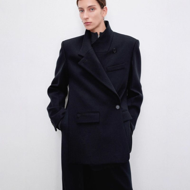 Row Style High-End Old Money Style Retro Gray High-Neck Wool Autumn and Winter Coat with Multiple Wear Options, Diagonal Placket Blazer Short Coat