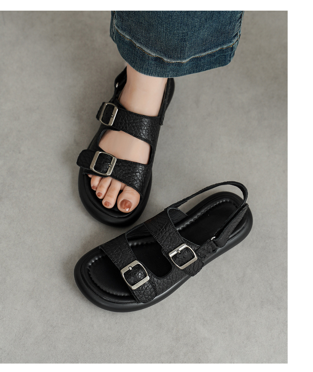 Sandal nữ quai ngang đế bệt da cừu lộ ngón chân phong cách đơn giản — đen chi tiết 2