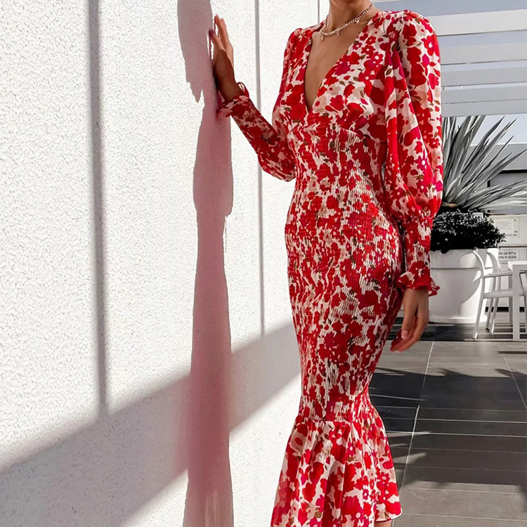 women s V-neck slim fishtail dress nihaostyles clothing wholesale NSHHF75786