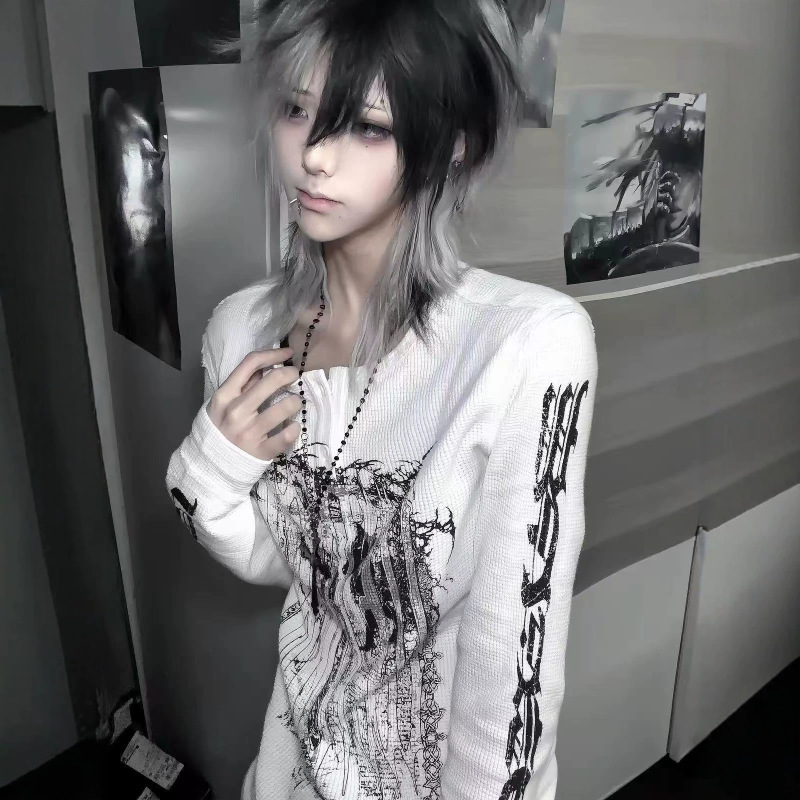 Y2K subculture gothic long-sleeve T-shirt, unisex, slim fit, visual punk top for men, suitable for spring and autumn