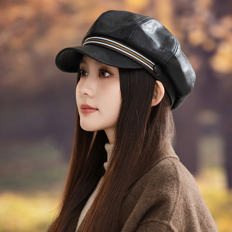 新款显脸小平顶鸭舌帽英伦风秋冬女士鸭舌帽八角帽女贝雷报童帽子|undefined
