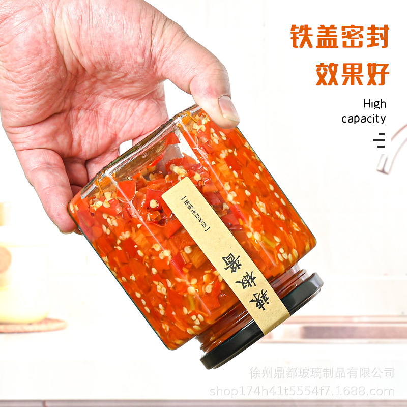 スポット卸売り蜂蜜ガラス瓶唐辛子ジャムガラス瓶密封貯蔵物六稜食品ガラス缶瓶|undefined