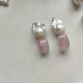 vintage中古天然粉晶石淡水巴洛克珍珠吊坠耳环银耳针耳夹女轻奢