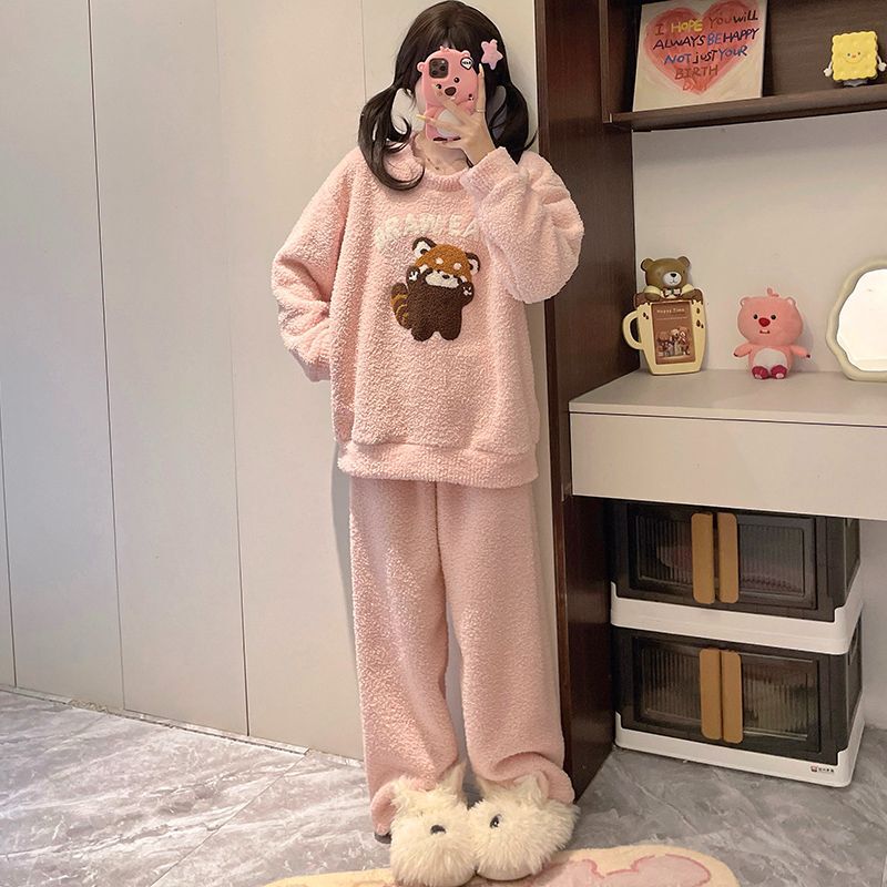 Pajamas Women's Autumn and Winter fleece-lined Thickened Sweet Internet Popular Wind Small Coral Fleece Warm 2024 New Home Clothes