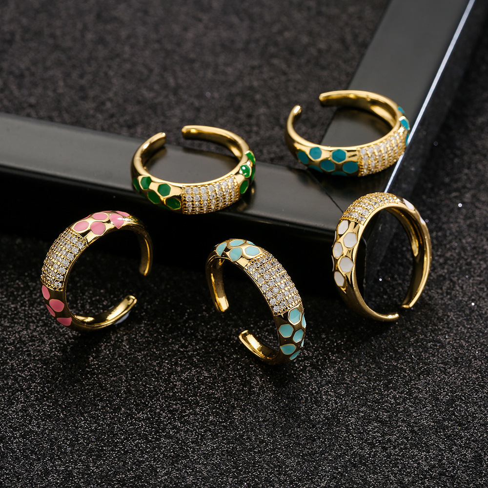 fashion copper 18K gold color drip oil zircon geometric open ring female