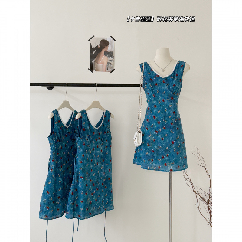 Sena 2025 Summer New Capri Blue Floral V-neck Chiffon Waisted Sleeveless Short dress Oil Painting