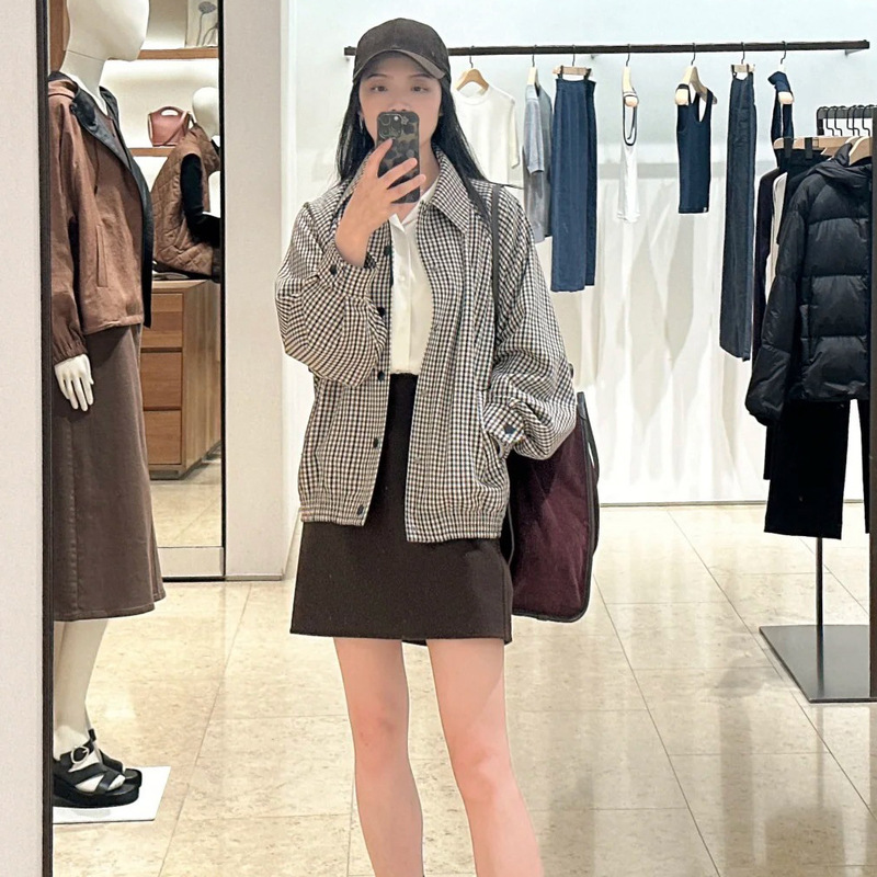HE系女装 羊毛微弹斜纹布细格翻领夹克外套女 2025年秋季通勤上衣|undefined