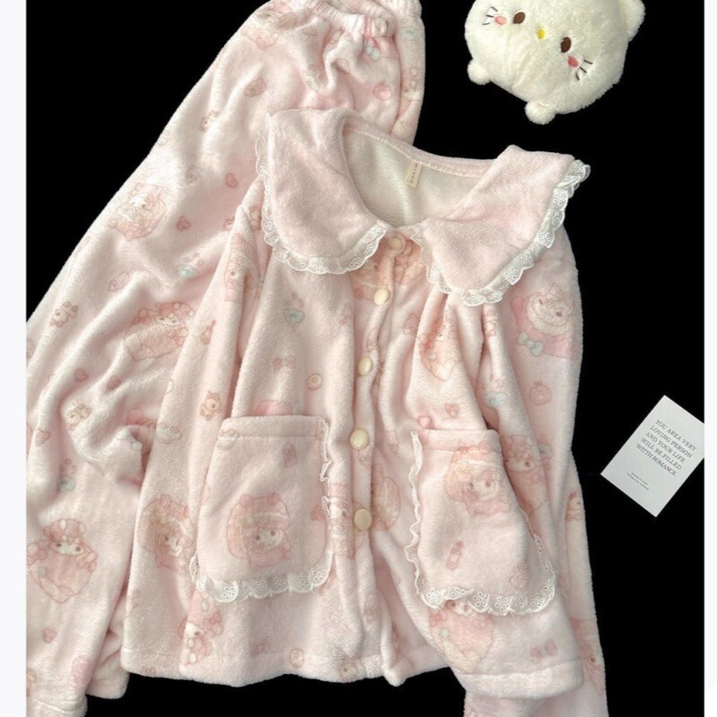 Melody Doll Collar Pajamas Women's Autumn and Winter Thickened Flannel Coral Fleece Suit Student Cute Bear Home Clothes Melody Doll Collar Pajamas Women's Autumn and Winter Thickened Flannel Coral Fleece Suit Student Cute Bear Home Clothes