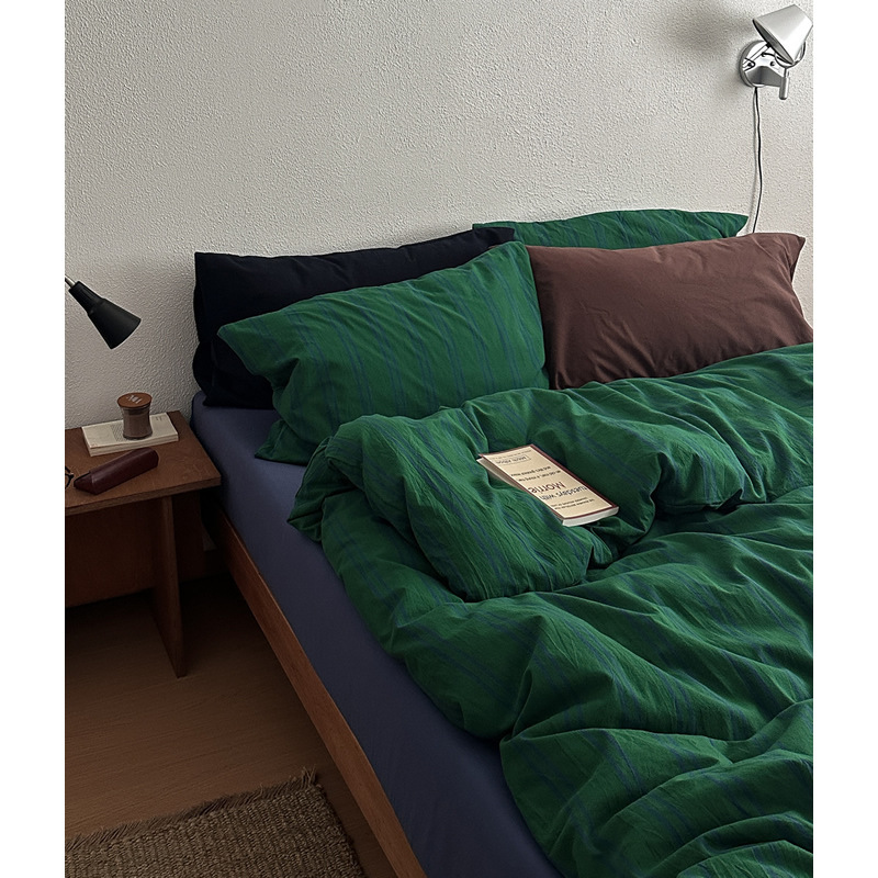 Vintage-style Retro Striped Cotton Bedding Set Blue And Green_voghion.com