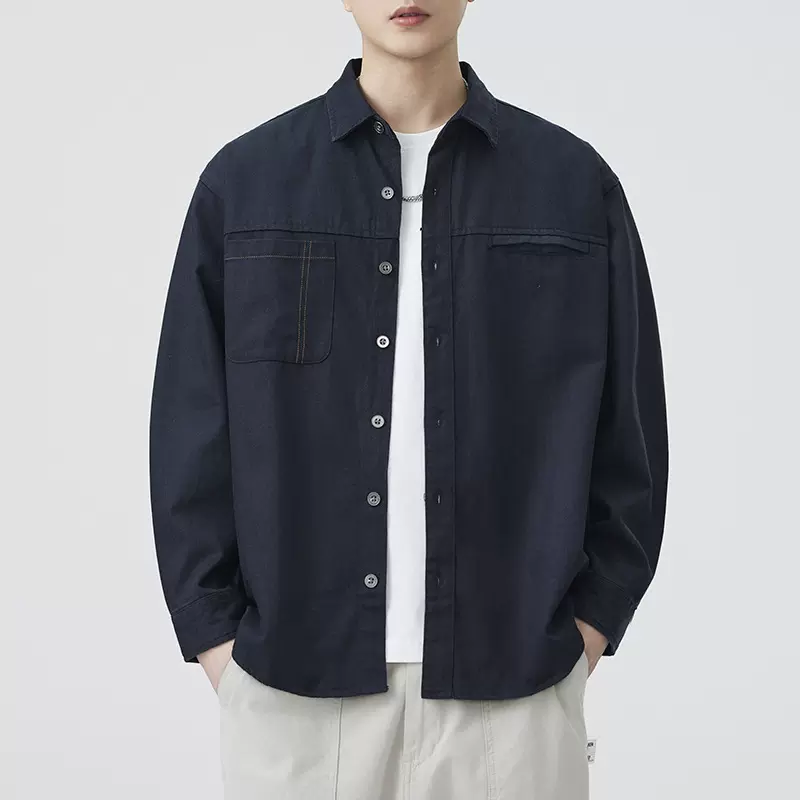 尚谷男装 秋季新款日系复古宽松长袖牛仔衬衫男休闲简约百搭衬衣