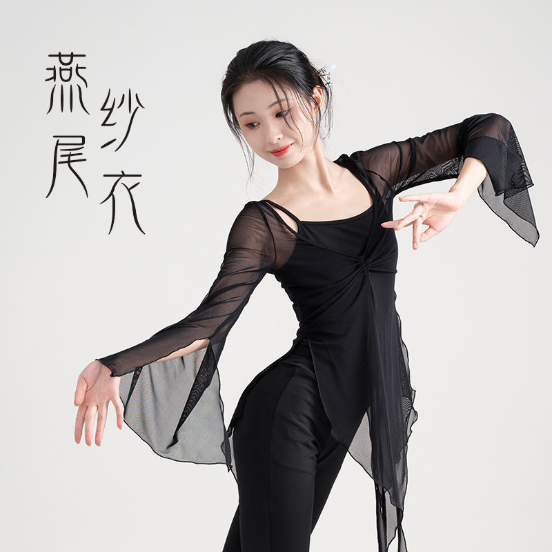 古典舞踊のオリジナル妖精中国舞踊の服、女性のエレガントでスリムな女性の練習服、メッシュダンストップス|undefined