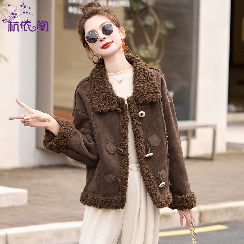 Fur One Lambskin Short Coat Women's Winter 2024 New Style Retro Thickened Deerskin Velvet Bike Jacket