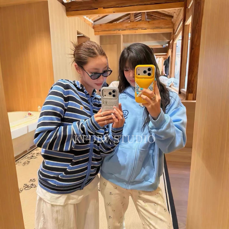 High-end niche design fashionable stickman print zip-up hooded casual long-sleeve striped sweater jacket