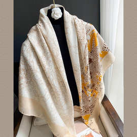 外贸时尚百搭旅游防晒夏季空调披肩印花棉麻手感130cm大方巾女