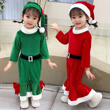 圣诞节儿童服装可爱绿色红色精灵男女童圣诞服装喇叭裤金丝绒套装