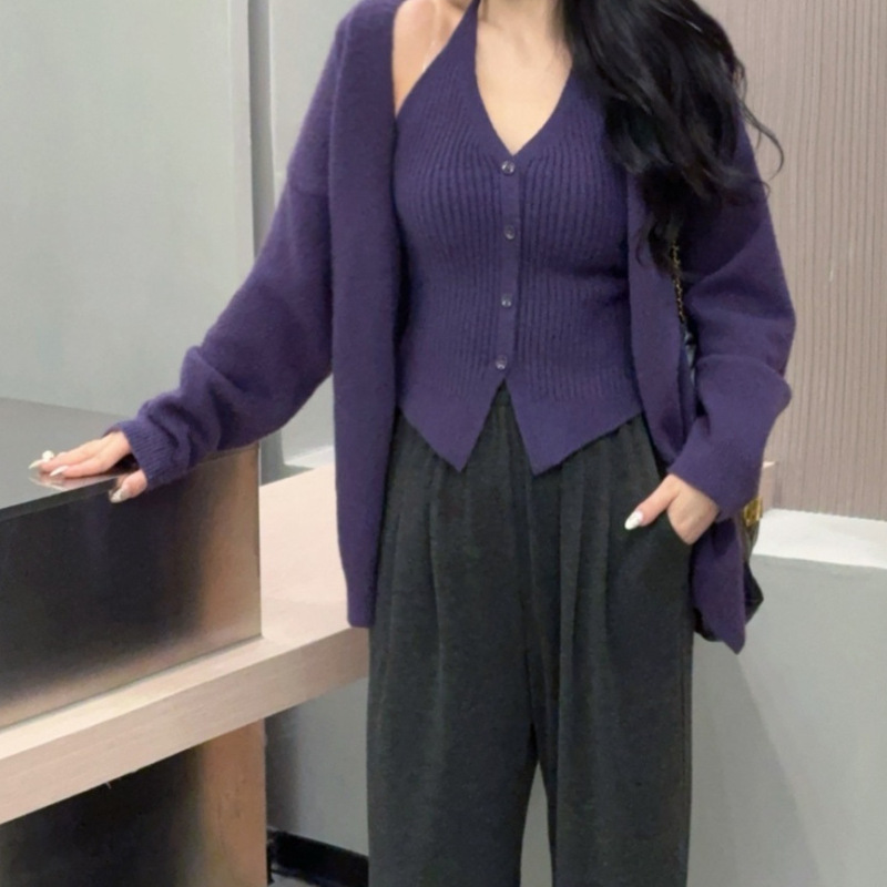 韩系休闲慵懒风宽松软糯外搭针织开衫秋冬显瘦内搭抹胸两件套上衣|undefined