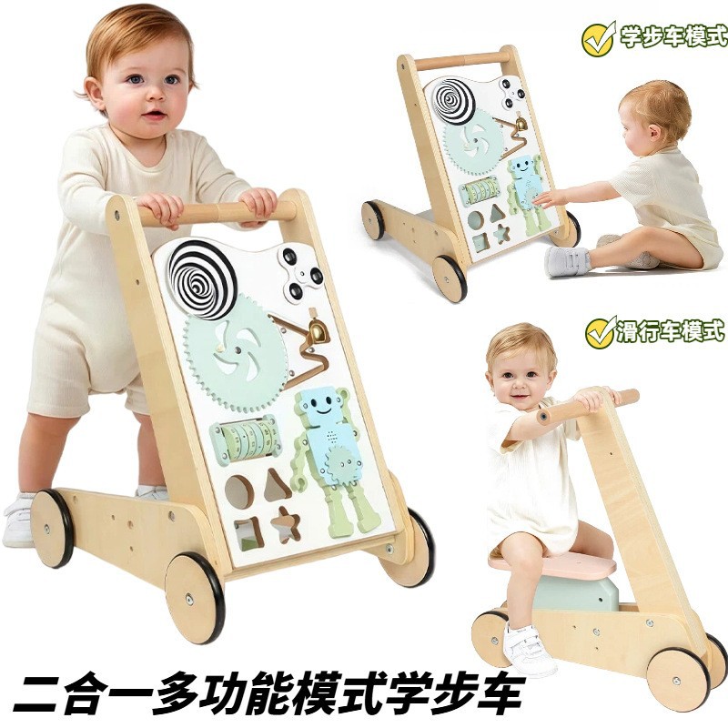 Andador de Madera para Bebé, Cochecito Tres en Uno Multifuncional, Juguete de Empuje para Bebés de Un Año que Aprenden a Caminar, Regalo de Primer Cumpleaños