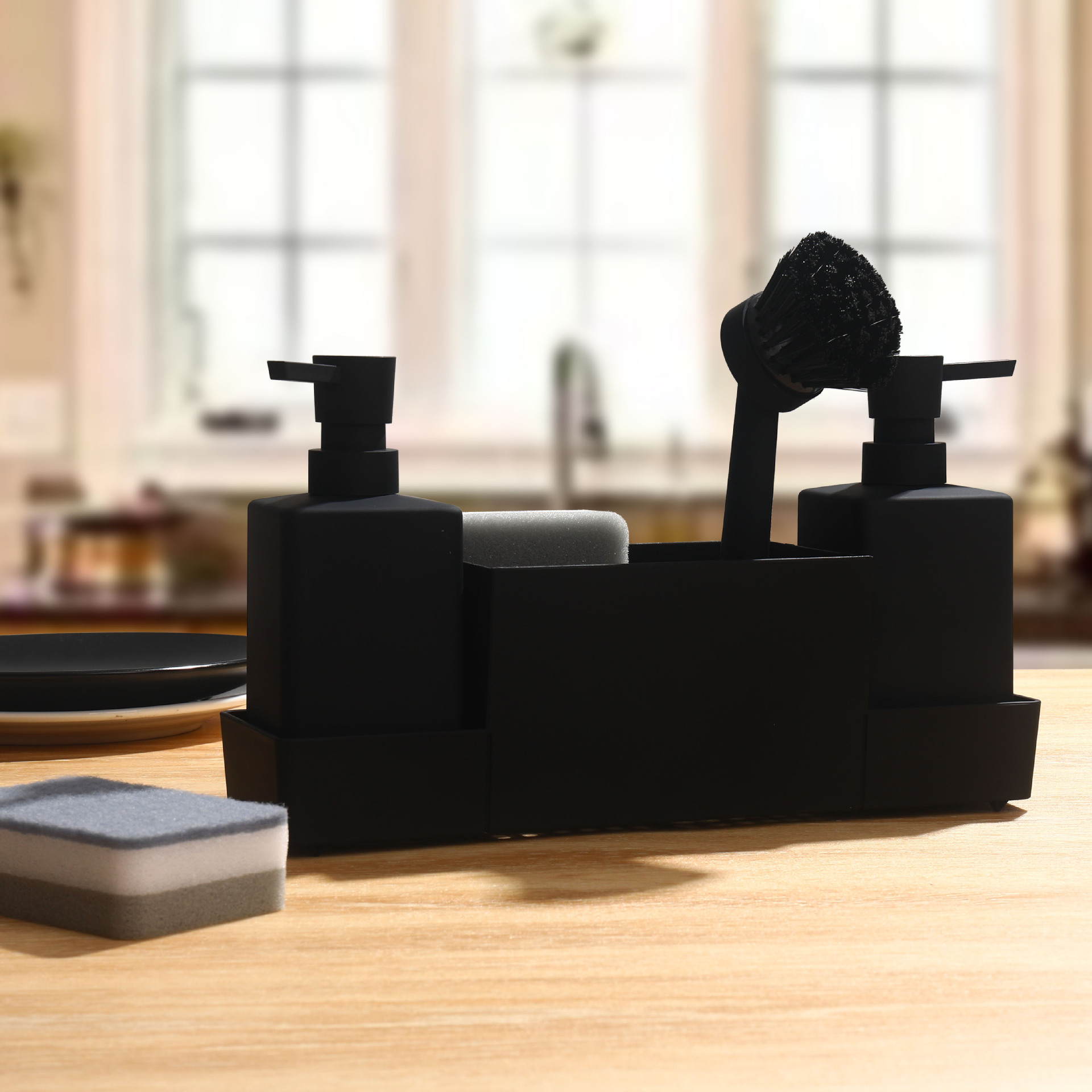 Dispensador de jabón de cocina con estante de esponja y cepillo para lavar a mano plato líquido sub-botella con bandeja de almacenamiento