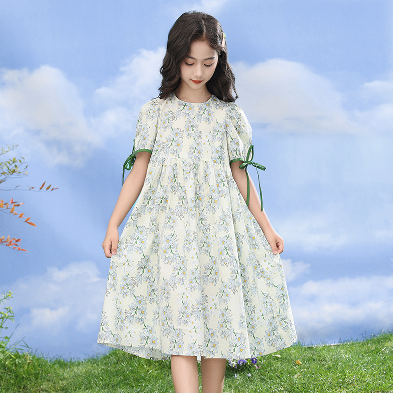 Girls' Floral Dress 2026 Summer New Korean Style Long Dress for Older Children with Puff Sleeves Princess Dress Girls' Floral Dress 2026 Summer New Korean Style Long Dress for Older Children with Puff Sleeves Princess Dress