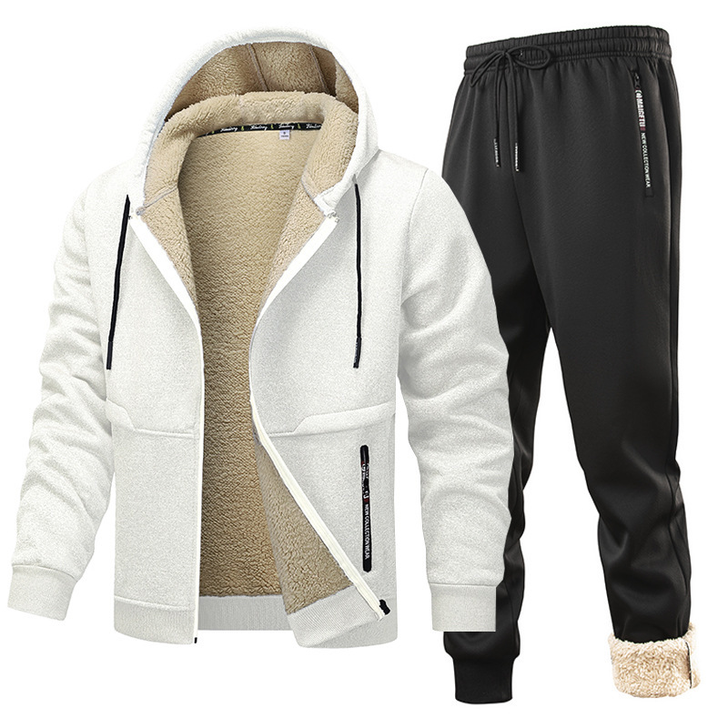 European Size Lamb Wool Suit Men's Hooded Jacket Men's Fleece Thickened Winter Sports Suit Men's Cardigan Jacket Winter