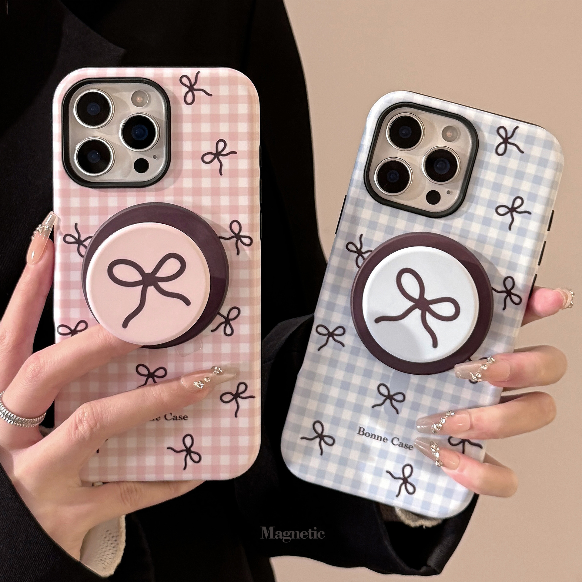 Magnetic Phone Case With Kickstand Plaid Bow Pattern For Iphone_voghion.com