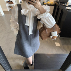 法式蝴蝶结系带长袖衬衫毛呢背心连衣裙女2025秋季新款时尚套装潮