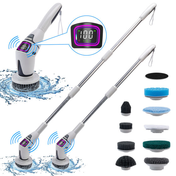 New Electric Cleaning Brush Ten-in-one Voice Broadcast Large Display Three-speed Night Light Waterproof Rotating Wireless Long Handle