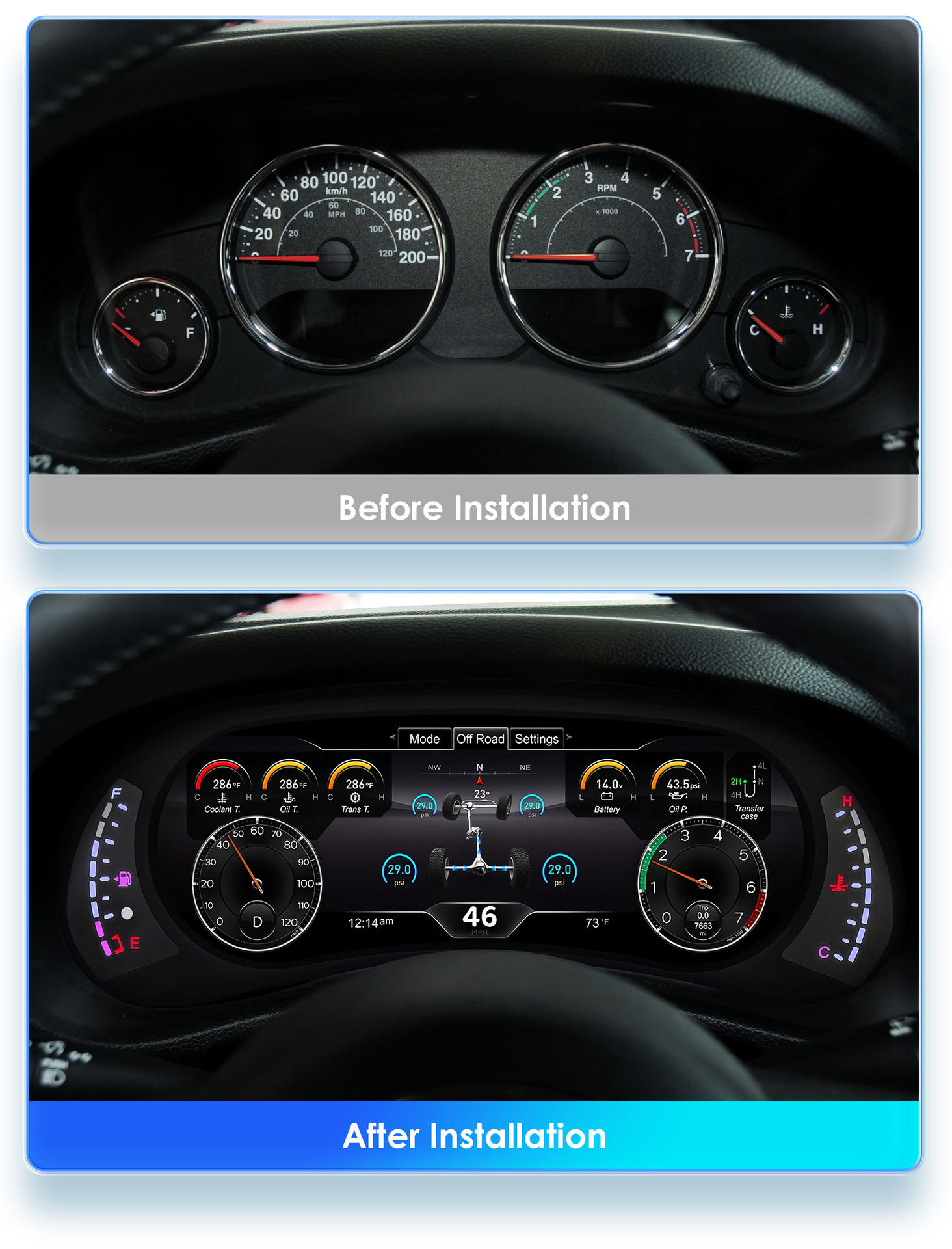 12.3inch Suitable for 11-18 Jeep Wrangler car LCD dashboard speed, mileage, and fuel gauge modification