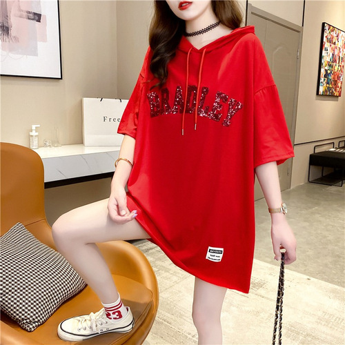 Women's Long-Sleeve T-Shirt with Butt Coverage, Summer Glitter Letter Youthful Style, 2025 Thin Model, Hooded Top for Women