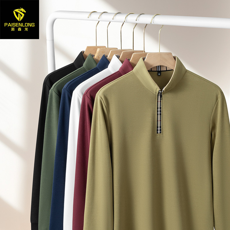 Paisenlong 2025 Autumn and Winter 280g Double-Sided Pique Long-Sleeved Men's Polo Stand Collar Metal Zipper Casual Fashion T-Shirt