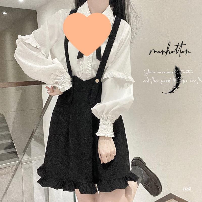 RUODIE 봄과 여름 새로운 유니폼 스트랩밴드 스커트 세트 아카데미 스타일 돛 세트 셔츠 투피스 세트